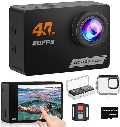 Camlance 4K 60FPS Touchscreen Action Cam mit 64GB Speicherkarte, HD 48MP 40M wasserdichte Unterwasserkamera 8X Zoom, WiFi EIS Helmkamera Fernbedienung Actionkameras, 2 * 1350 Akkus- Zubehör Kits