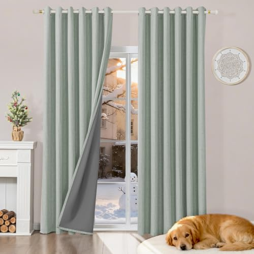 Runyéla 100% Verdunklungsvorhänge Leinen Gardinen mit Ösen, Thermovorhang | 2er Set, H245xB200 Salbeigrün, Leinenoptik Vorhang Blickdicht, UV-Schutz Wärmeisolierend Schallschutz Schlafzimmer Wohnzimmer