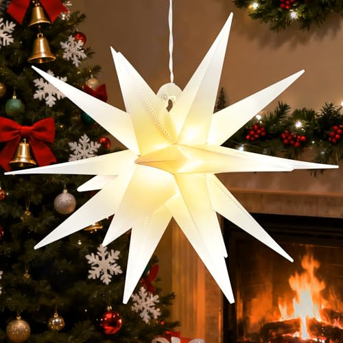 3D Weihnachtsstern Beleuchtet, 30 cm Weihnachtssterne LED, Faltbarer Weihnachtsstern Beleuchteter, Sterne mit Warmweißes LED-Licht, Weihnachtssterne für Fenster Dekoration, Party (Weiß)