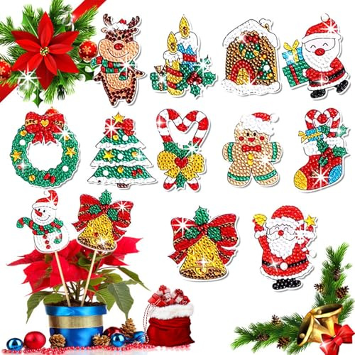 Lawqiny 12 Set 5D Diamond Painting Weihnachten, Doppelseitiger DIY Set Diamond Painting, DIY Diamant Malerei Schlüsselanhänger Beidseitig, Winter Malerei Bastelset DIY Kit, Weihnachtsbaum Deko