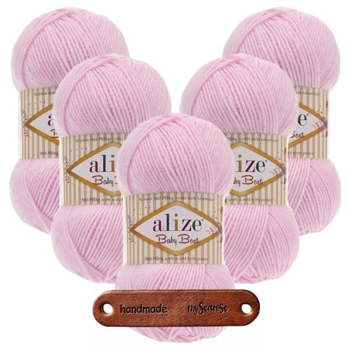 ALIZE 5 x 100g Baby Best 185 Powder Pink Premium Wolle babyweich ohne Fusseln für Babykleidung Decken und Accessoires hautfreundlich pflegeleicht für das ganze Jahr mit mySearose Label
