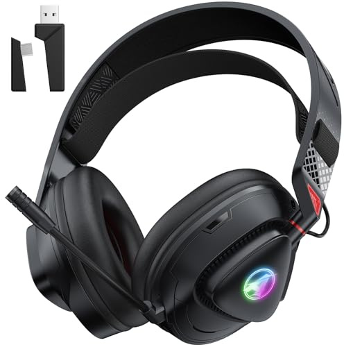 Awinnasey PH3 Wireless Gaming Headset for PS5, PS4,PC,Bluetooth Headphones with 50 Hours Battery, Gaming Headset with Noise-Cancelling Mic,RGB Light,Deep Red