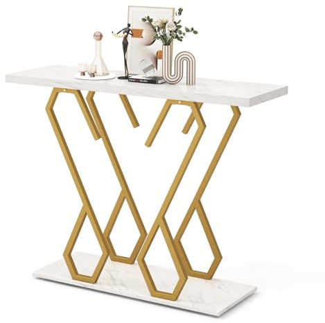 FANTASK Konsolentisch in Schmetterlingsform, 100 x 30 x 79 cm, Flurtisch Marmor Optik mit Metallrahmen, Eingangstisch schmal für Eingangsbereich, Wohnzimmer (Gold + Weiß), Silbrig