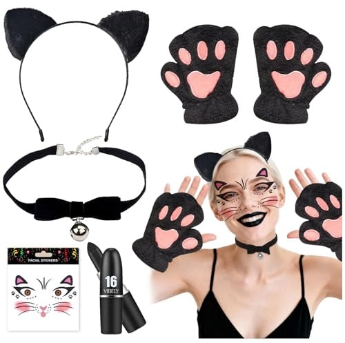 5 Stück Katzenkostüm Damen Accessoires, Katze Cosplay Set, Katzenohren Haarreif, Katzen Sticker, Schleife Halsband, Lippenstift und Katzenklauen Handschuhe, für Karneval Halloween Katzen Kostüm Damen