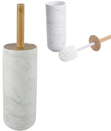 Kook Time Escobilla de Baño con Soporte - Escobillero de Poliresina Efecto Mármol Blanco y Mango de Bambú - Diseño Cerrado, Discreto y Antivuelco - Cabezal Recambiable