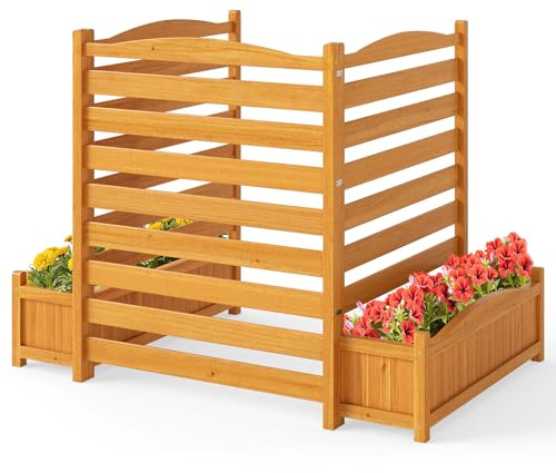 GOPLUS Pflanzkasten mit Rankgitter, Blumenkasten Holz mit Drainagelöchern, Sichtschutz mit Zaun, Gartenzaun für Klimaanlagen & Mülleimer, Gartenspalier, Hochbeet für Garten & Terrassen (3-teilig)