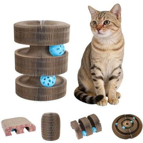 Collapsible Cat Scratcher Cardboard - Magic Organ Cat Toy with Ball, Turbo Track Interactive Scratcher for Indoor Cats, High Density Recyclable Scratching Pad for Claw Care & Play
