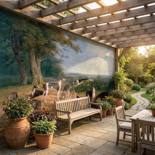 Sunny Graphics Print Greyhound Photo Mural Printed Nature Wallpaper Wall Covering of Countryside Painting with Dog Tree Horse Rider Home Office Decoration Poster