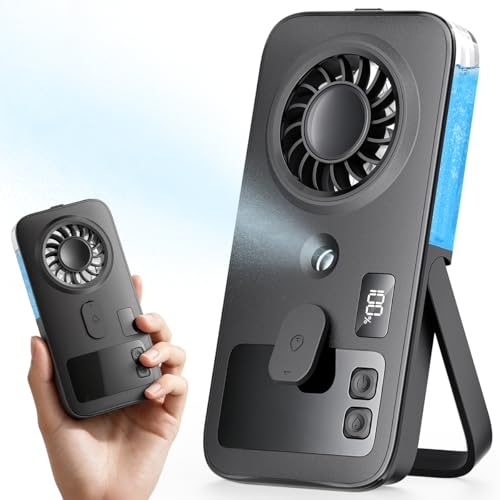 Otlonpe Mini Handheld Portable Mist Fan, Small Rechargeable Handheld Fan with Water Mist Spray, 4 Speeds, LED Display, Foldable Stand, Mini Personal Misting Cooling Fans for Travel
