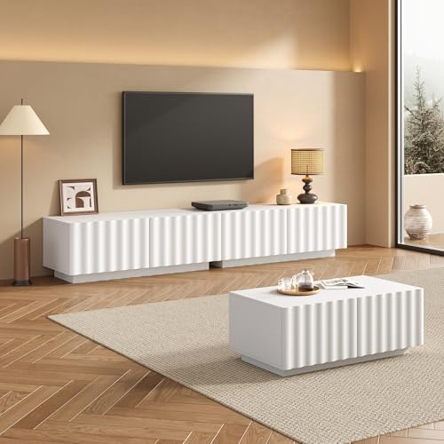 NNJN Wohnzimmer-Set mit Wellenoptik, TV-Schrank + Couchtisch, modernes Stauraumset,stabil und praktisch (Weiß)