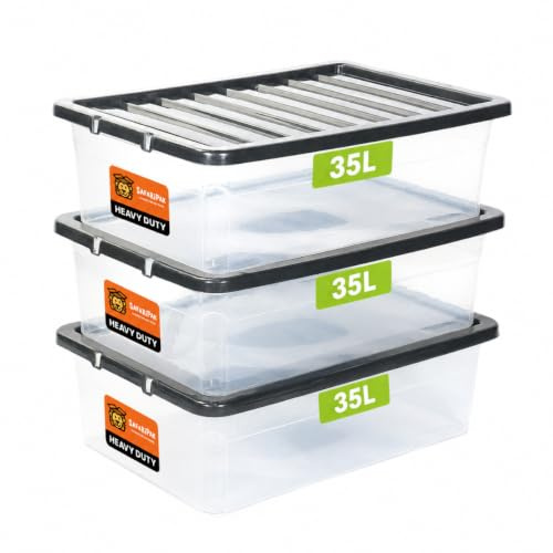 SAFARIPAK 3 x 35 Litre Underbed Clear Plastic Storage Boxes with Lids, Clip-Lock Lid, Sturdy Stackable Space Saving Box, Lidded Containers for Home, Kitchen, Moving, Garage, Office & Organisation