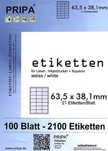 pripa - Etiketten 63,5 x 38,1 mm - 21 Stueck auf A4-100 Blatt DIN A4 selbstklebende Etiketten DHL Post