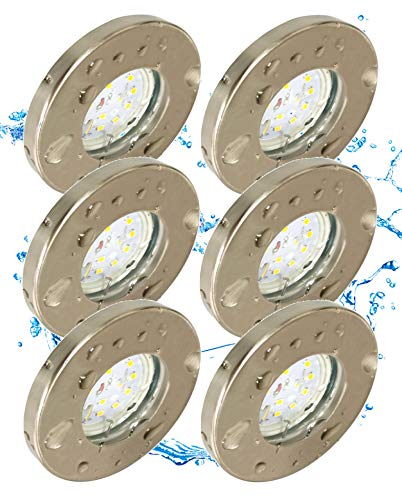 Trango 6er Set 6729IP-062MO Einbaustrahler IP44 aus Edelstahl gebürstet inkl. 6x 3000K warmweiß Ultra Flach LED Modul für Bad, Dusche, Einbauspots, Deckenstrahler, Deckenlampe, Badleuchte