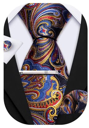 Barry.Wang Herren Paisley Krawatten Mit passendem Einstecktuch und Manschettenknopf im Set