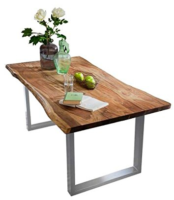 Sit Möbel Baumkanten Esstisch aus Akazie Massivholz mit Eisengestell Silber lackiert Nussbaum 140x80 cm