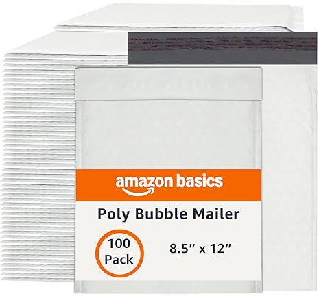 Amazon Basics Poly Bubble Mailer, 8.5 x 12 (Internal Size 8.25 x 11), Self-Seal, 100-Pack, White/Grey