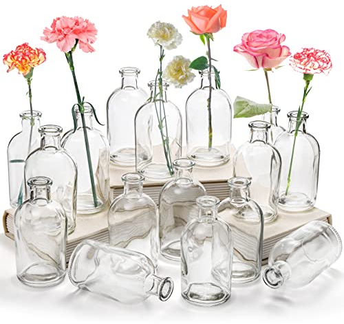YOUEON Lot de 16 vases à fleurs en verre transparent de 236,8 g - Petites bouteilles décoratives vintage pour centre de table - Décoration pour maison, mariage, événement, bureau, décoration moderne -