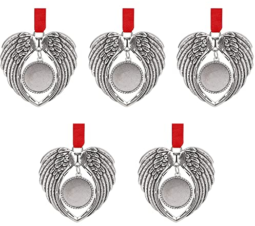 DRYEN 5 x Gedenk-Weihnachtsschmuck, Engelsflügel, Weihnachtsbaum, Weihnachtsschmuck, Engelsflügel, herzförmiger Fotorahmen, Anhänger für Weihnachtsbaum.