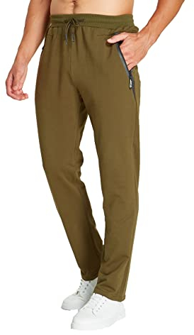 Tansozer Jogginghose Herren Baumwolle Trainingshose Männer Sporthose Herren Lang Fitness Hosen Herren Reissverschluss Taschen Ohne Bündchen Armeegrün L