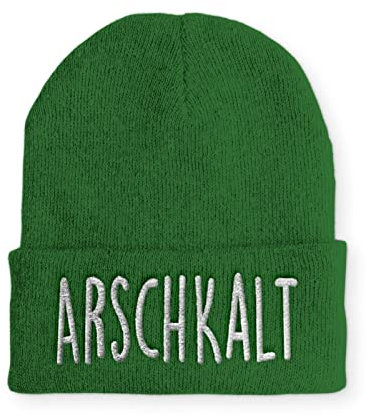 tshirtladen Arschkalt Mütze grün - Statement Wintermütze mit ironischem Spruch für Piste, Wintermarkt & Outdoor - Beanie mit Stick für Männer & Frauen - Unisex, warm, weich