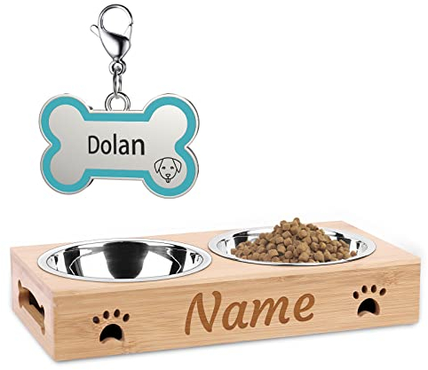 CGFN Personalised Dog Bowl, Dog Feeding Station with Customise Name and Text, Stainless Steel Dog Bowl - Removable, for Small to Medium Dogs and Cats (With dog tags)