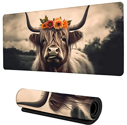 ZTHLL Tapis de souris de jeu en forme de vache des Highlands - Taille XXL - Pour bureau, ordinateur, clavier avec base antidérapante cousue - 89 x 39 x 0,3 cm