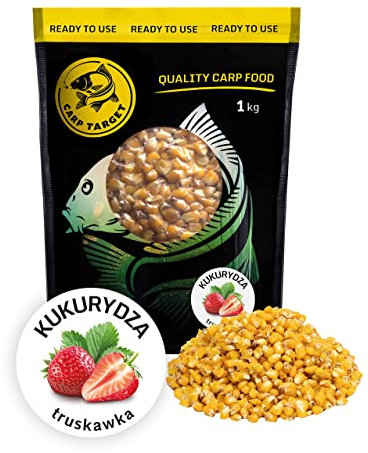 Carp Target - Fertiger Angelmais - Erdberre-Köder für Fische - effektiver Köder für Karpfen und Amur - 100% natürlich und von höchster Qualität - große Sorte gekochter Körner - 1 kg