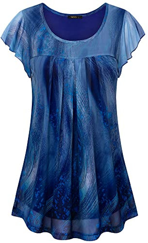 Vafoly Tunika Shirt Damen Elegant Sommer Casual Ruffle Sleeve Shirt für Frauen Ruffle Sleeve Tunika Top für Damen Falten Kurzarm Leicht Flowy Mesh Bluse mit Blumen Nebelfelder Blau XL