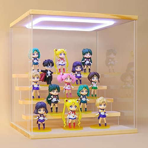 Naconmlet Acryl Vitrine/Schaukasten/Display Case/mit LED/5 Stufen Transparent Display Box für Lego Modellautos, Figuren, Sammlerstücke(Holz, 5 Stufen 29x32x34cm)