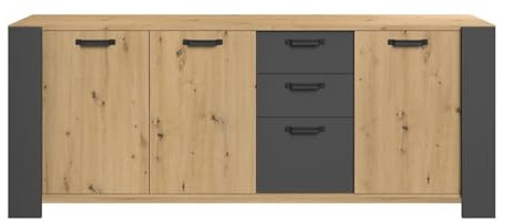 Buffet Loft - Dekor Chene Artisan und Melamingrau Schatten - 3 Türen und 3 Schubladen - L 220 x D 52 x H 86,5 cm - Parisot