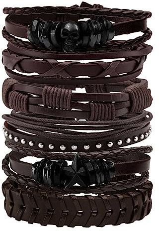 MILAKOO Armband aus Leder, Schwarz, Braun, geflochten, breit, für Frauen und Männer, Punk, Schmuck, Totenkopf, Taglia unica, Hanf, Holz, Leder, Kein Edelstein