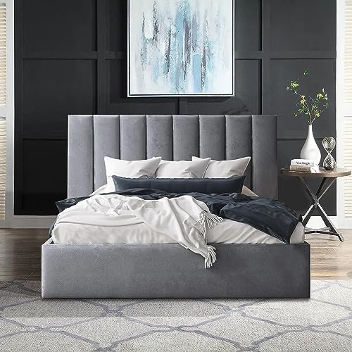 SANA SLEEP 4FT6 Double Size Plush Ottoman Gas Lift Fabric Storage Bed - Upholstered Double Bed Frame - Foot Lift Up Ottoman Bed - Plush Grey