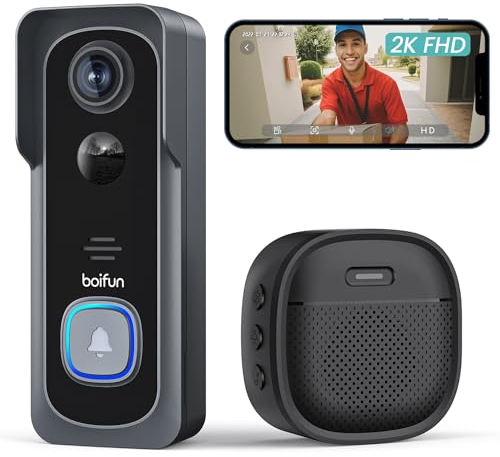 BOIFUN Sonnette sans Fil avec Camera, 2K FHD Sonnette sans Fil Exterieur Etanche, Prend Uniquement en Charge 2,4 GHz, Détection Humaine PIR, Vision Nocturne Couleur, Audio Bidirectionnel, IP66 Étanche
