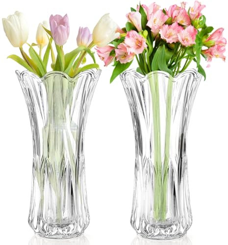 Pumtus 2 Pack Glass Flower Vase, 9.5 Inch Large Thickened Crystal Clear Vase, Phoenix Tail Shape Floral Vase, Decorative Modern Plant Vase for Centerpieces, Home Decor, Wedding, Party, Office