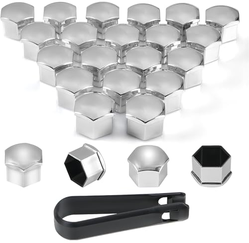 PAITOK Radmutterkappe, 20 Stück Universal Chrom Kunststoff Radbolzenmutternabdeckungen Radmutterabdeckungen mit Entfernungswerkzeug-Set für Autos (Silber, 17mm)