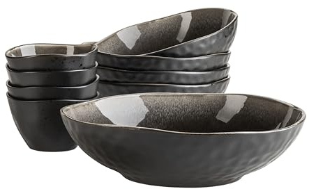 MÄSER 934072 Serie Niara Organic, modernes Schüsselset für 4 Personen in aufregendem Vintage Look, 9-teiliges Schalen Set mit besonderer Glasurkombination in Schwarz und Braun, Steinzeug
