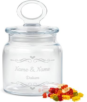 PR Print Royal Personalisierte Keksdose aus Glas mit Gravur - 550 ml - Herz mit Namen und Datum als Geschenk für Frauen zum Jahrestag | Personalisiertes Geschenk Ideen Jahrestag