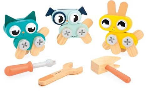 Janod - 3 Petits Animaux à Bricoler Brico'Kids - Jeu de Construction Enfant - 53 Accessoires - Jeu d'Imitation - Développe Dextérité et Créativité - Dès 3 Ans,J06450