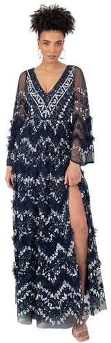 Maya Deluxe Damen Ladies Womens Maxi Dress V Neckline Sequin with Ruffle Empire Waist Slit Split for Prom Ball Bridesmaid Wedding Guest Kleid, Navy,