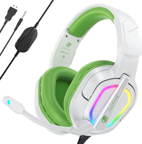 Fachixy FC200 Cuffie Gaming per PS4 PS5 PC Xbox Nintendo Switch, con Luce RGB, Microfono, Audio Stereo, con Cancellazione Del Rumore con filo - BIANCO VERDE
