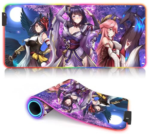 Tapis Souris Tapis Table Genshin Impact Raiden Shogun RGB Tapis Souris Jeu (23,6 x 13,8 x 0,12 Pouces Tapis Souris Jeu Grande Taille Convient pour Le