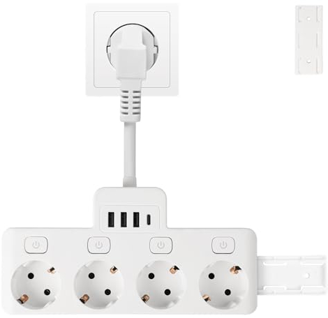 KAMEUN Steckdosenleiste mit USB, 4 Fach Mehrfachsteckdose, 8 in 1 Steckdosenadapter mit Flexible Kable, Wandplatte Steckdose mit Einzeln Schalter (4000W/16A) für Hause, Büro, Reise