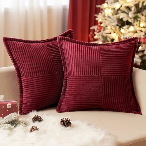 EMEMA Kordsamt Kissenbezüge Weihnachten Weich Dekokissen Dekorativ Kissenbezug 40x40 cm Kissenhülle Sofakissen Zierkissen Couchkissen 2er Set für Wohnzimmer Schlafzimmer Weinrot