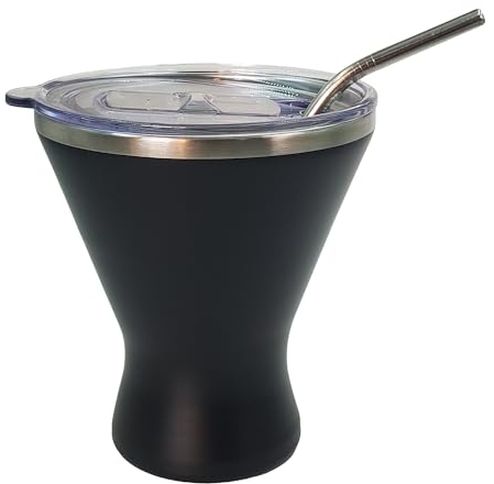 10oz Stainless Steel Martini Glass with Lid and Straw - Temperature Insulated Cocktail Tumbler for Every Outdoor, Picnic, Poolside, Beach & Patio Party (Black, Pack of 1)