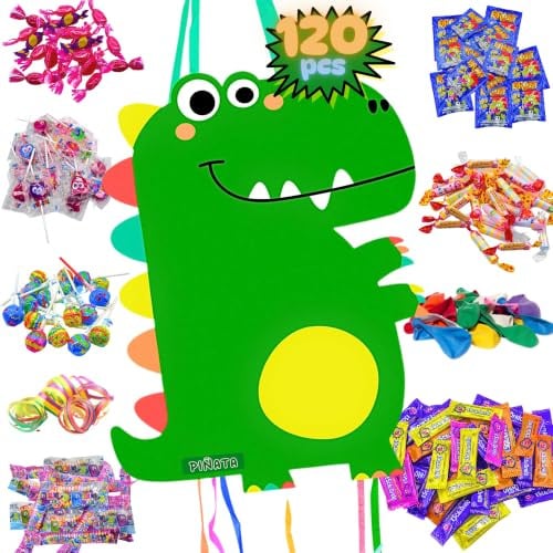 Piñata für Kindergeburtstag, Pinata + Packung mit 70 glutenfreien Süßigkeiten und Spielzeug zum Befüllen von Piñata, Kindergeburtstag, Dinosaurier, Süßigkeiten