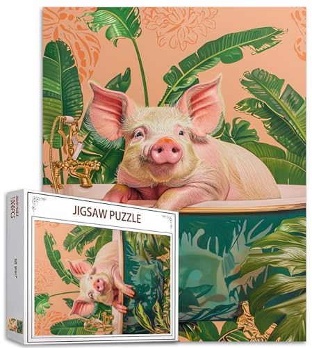 Tucocoo Cute Pig Jigsaw Puzzle 1000 Pieces Puzzles for Adults, Green Bathtub Jigsaw Puzzles for Challenging Family Activity Games DIY Animal Puzzle for Home Wall Decor Gifts - 20 x 27 Inches