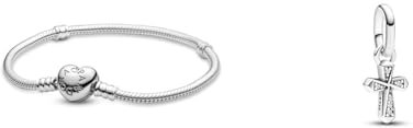 PANDORA Moments Schlangen-Gliederarmband mit Herz-Verschluss aus Sterling-Silber & ME Funkelndes Kreuz Mini-Charm-Anhänger aus Sterling Silber mit Cubik Zirkonia