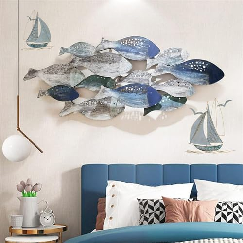 WSNCXFW 3D-Wanddekoration aus Metall mit Fischen, 2 Stück Wanddekoration aus Metall mit Segelbooten, 50 x 20 Zoll große Wandskulptur mit Fischschwarm am Strand, Wanddekoration mit Fischen