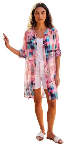 Roman Floral Print Longline Blouse for Women UK - Ladies Spring Everyday Summer Holiday V-Neckline Comfy Long Sleeve Soft Button Up Shirt Vacation Beach Tops - Pink Blue - Size 16