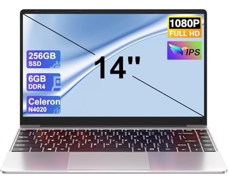 2025 Newest Ordinateur Portable 14 Pouces PC Portable Win11 256 Go Soutien Extension SSD 1TB(TF-512Go) Celeron N4020 Laptop avec 5G WiFi Mini HDMI BT4.2 inclut Souris sans Fil&AZERTY Membrane-Argent